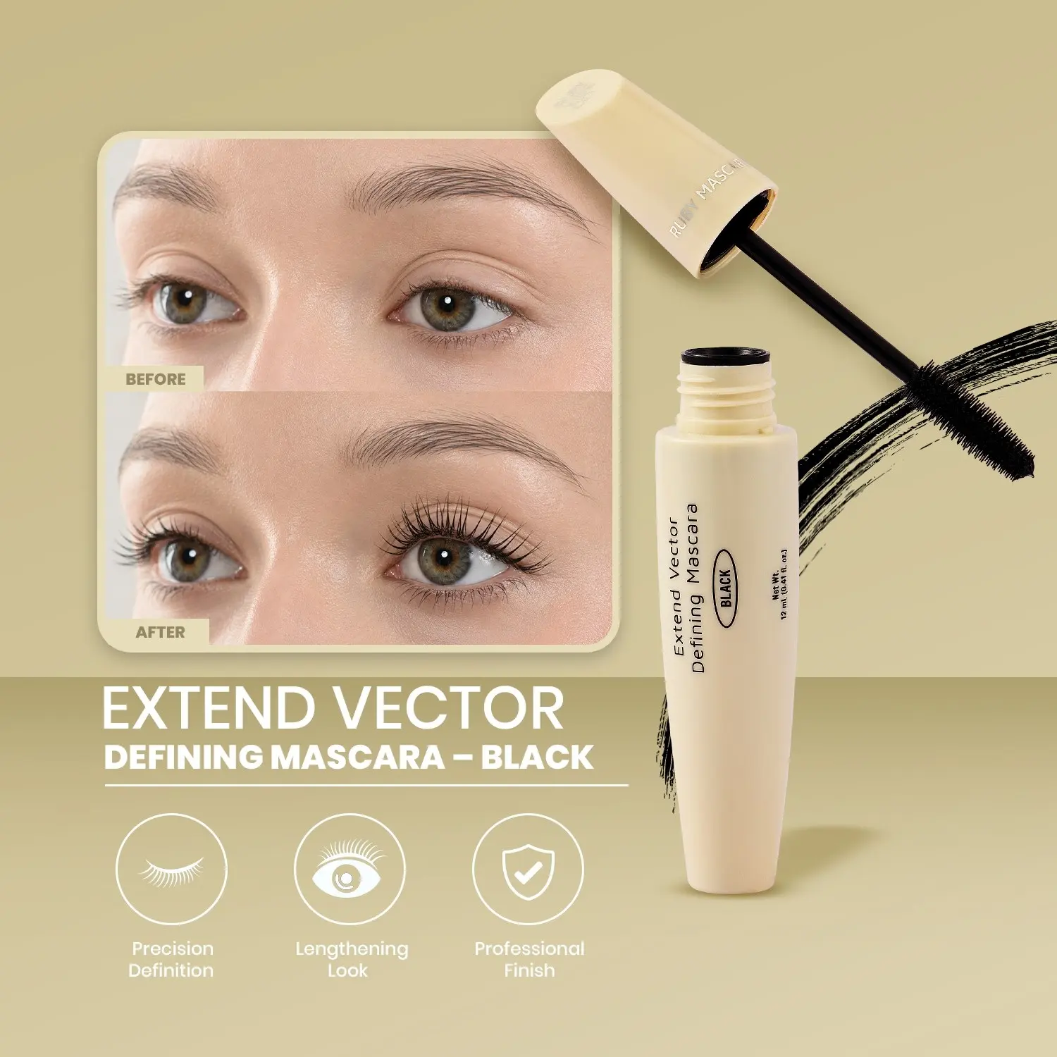 RUBY VIBE CO Lash Mascara Black, Eyelash Mascara for Defined Volume & Length Look, Defining Mascara Black with Precision Wand, Cosmetic for Even Lash Separation