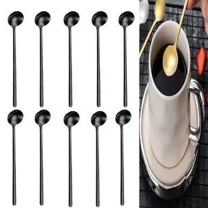 10-PCS Coffee Spoon Stainless Steel Round Head Long Handle Ice Cream Stirring Dessert Honey Mixing Spoon Kitchen Tableware Decoration