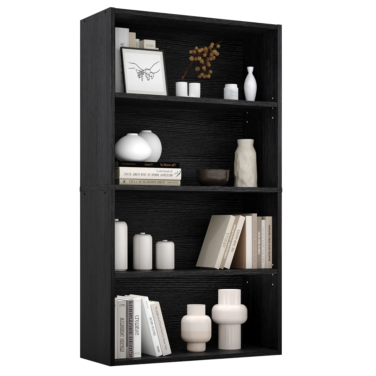 Sweetcrispy MDF Board Wood Grain 5-Shelf Wide Floor-Standing Bookshelf - 53-in Tall Stable Open Shelf, Classic Clean Aesthetic Indoor Furniture for Home Library, Home Office Storage, Antitip Bracket