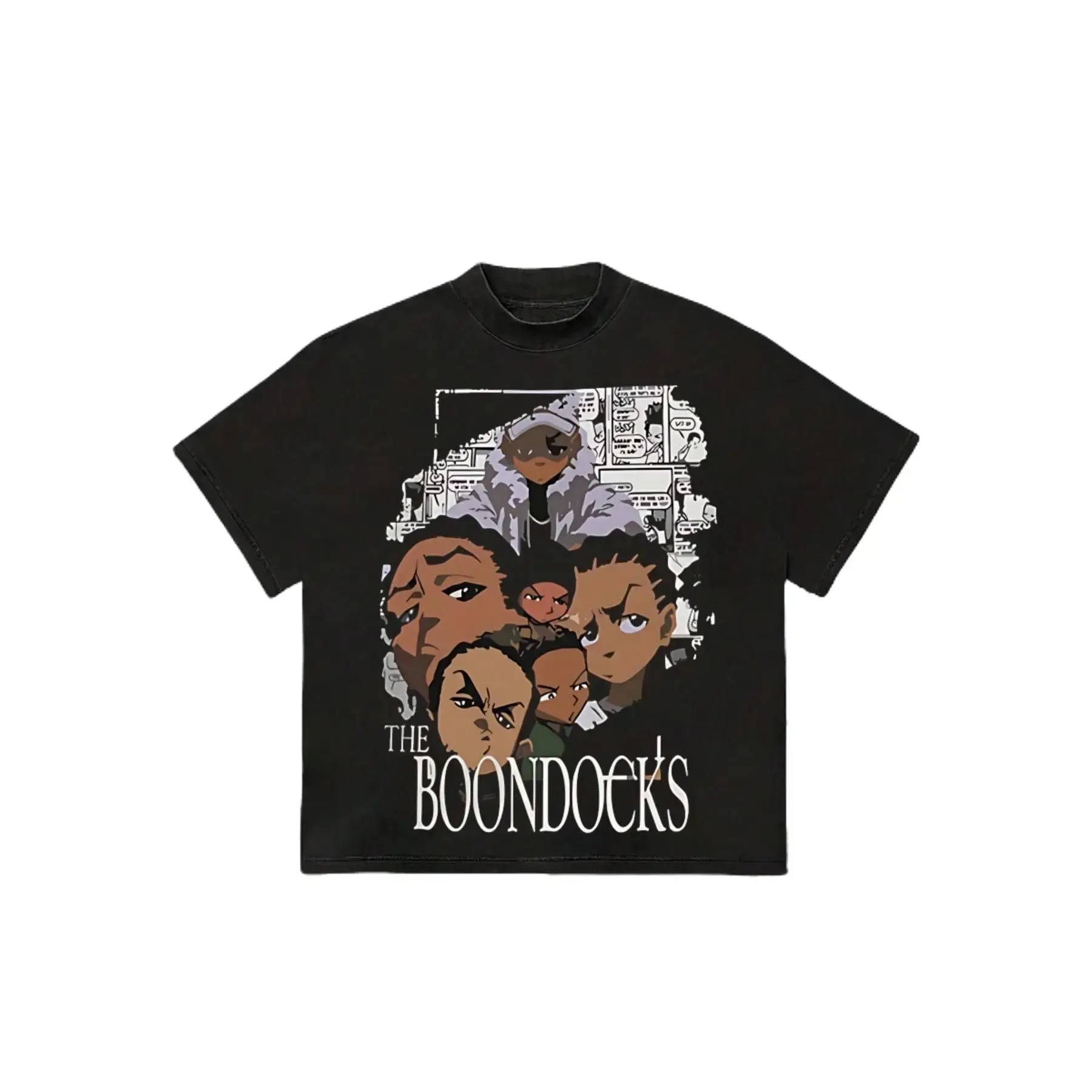 Women's "The Boondocks" Cartoon Graphic Short-Sleeve Tshirt - 220g Heavyweight Soft Cotton, Round Neck, Breathable Streetwear Casual Top, Shortsleeve, Comfortable, Printed, Cartoon Print Womenswear School, Plus Size Clothes, Street Wear Casual Fashion Sho