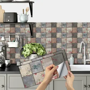 6/12/24/48 PCS Vintage FG Tile Stickers, Vintage Floral Garden Mosaic, PVC Crystal Film, Peel & Stick Backsplash, Waterproof Oil-Proof DIY Self-Adhesive Wall Decor