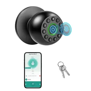 Keyless Entry Smart Door Knob - Biometric Fingerprint & Keypad Lock with Tuya App Control, Easy DIY Setup No Drilling, Smart Ball Lock for Residential & Office