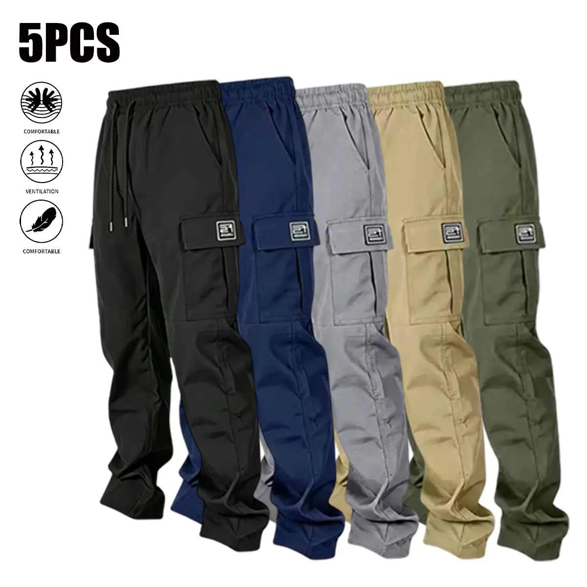 5-Pack Men’s Solid Color Casual Cargo Pants – Sporty Workwear with 3D Pockets, Multi-Pocket Tactical Design, Straight-Leg Long Pants for All Seasons (Fall/Winter), Work Pants