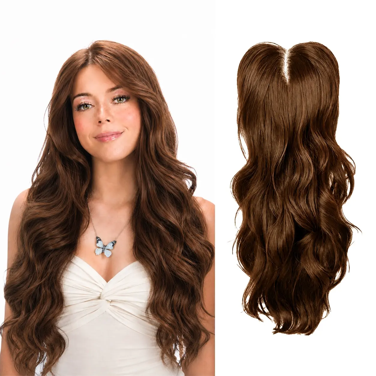 Full Coverage Light Brown 24 inch Hand Tied Hair Topper Cap-Free Wig No Glue or Wig Cap Needed Natural Hairline Blends Seamlessly with Your Hair Instant Volume&Length No Excess Lace, No Glue, No Hassle More Coverage Than a Topper, Easier Than a Wig