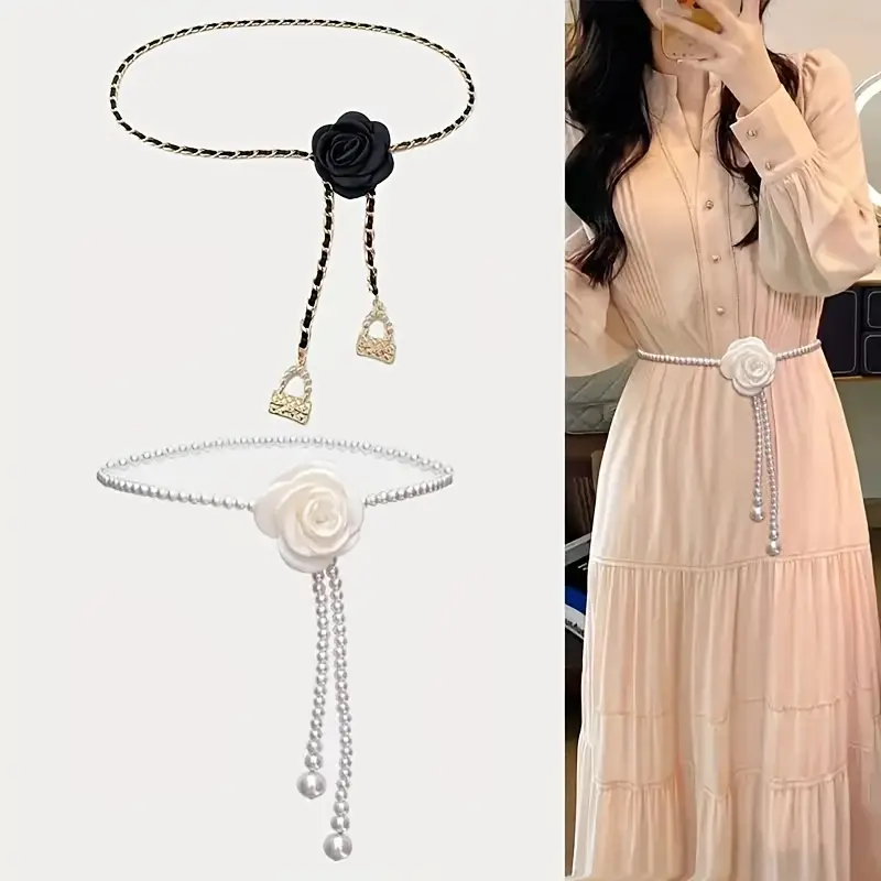 2 High-Quality Retro Fashion Camellia Waist Chains Waist Bead Bundle - Black Flower Chain, White Flower With Pearls, Mysterious Cool Personality-Showcasing Clothes Accessory Belt, Body Jewelry Set