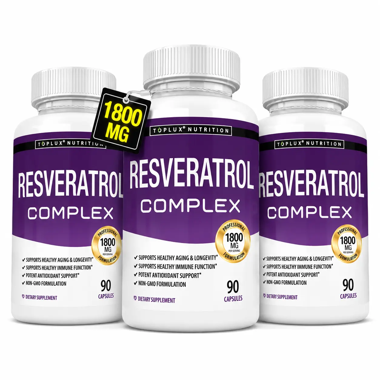 Resveratrol Supplement 1800 mg Antioxidant Complex - Highly Potent Natural Trans-Resveratrol Pills for Healthy Aging, Overall Health Support, Immune System, Brain Function, for Men Women, 90 Capsules