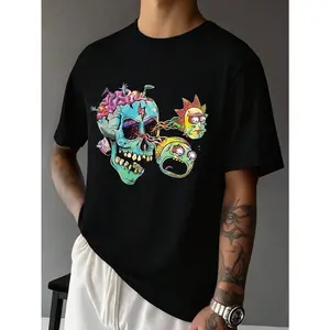 Rick and Morty X SHEIN Men's Casual Funny Cartoon Print Black Short Sleeve T-Shirt, Summer