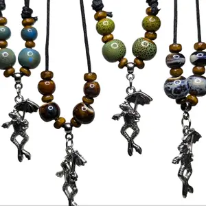 Frog Umbrella Silver Charm Ceramic Beaded Pendant Wooden Boho Hippie Whimsical Adjustable Silver Rope Cord Choker Stacking Necklace Jewelry