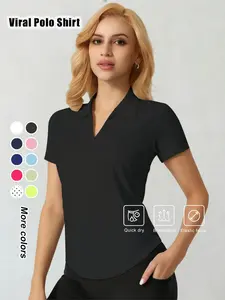 Women's V-Neck Polo Shirt, Solid Color Soft Lightweight Short Sleeve Top, Stretch Casual T-Shirt for Yoga Fitness Running Training, All Season Ladies Apparel