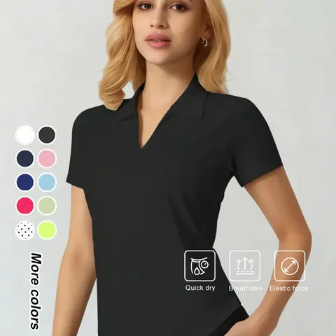 Women's V-Neck Polo Shirt, Solid Color Soft Lightweight Short Sleeve Top, Stretch Casual T-Shirt for Yoga Fitness Running Training, All Season Ladies Apparel Fitness Training Wear, Fitness Clothes Tops, Casual Sporty Style