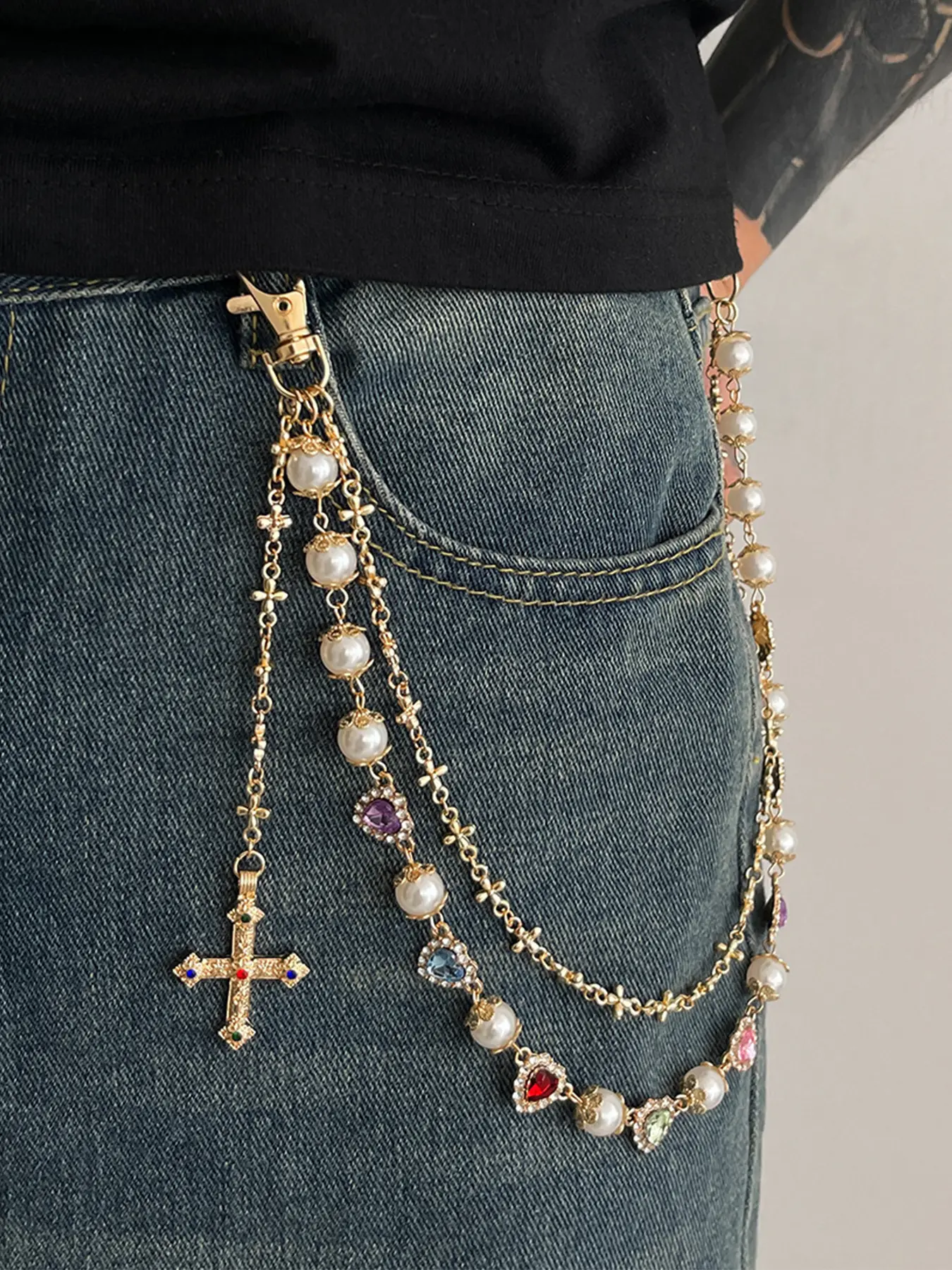 Wallet Pant Pearl Chains - Layered Jean Pocket Heart Design Chain Keychain for Women Men - Cute Bag Purse Cross Charm Maximalist Jewelry