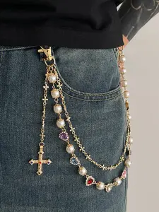 Wallet Pant Pearl Chains - Layered Jean Pocket Chain Keychain for Women Men - Cute Bag Purse Cross Charm Maximalist Jewelry