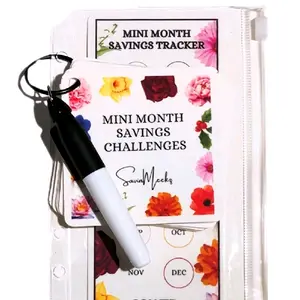SavinMeekz Mini Month Savings Challenges Set - 12 Laminated Floral Cards & Clear A6 Envelope for Easy Tracking & Motivation