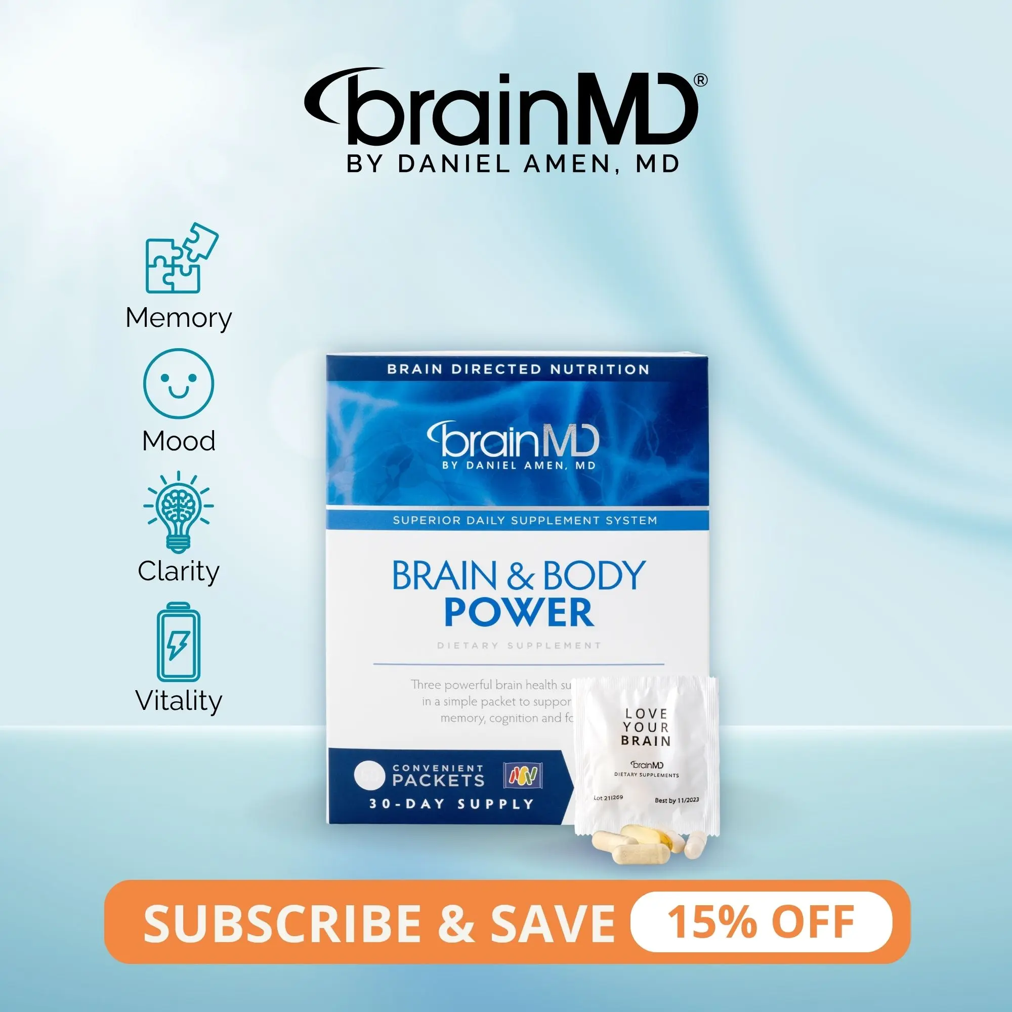 Brain & Body Power | BrainMD | 60 Packets | Memory, Mood & Vitality Support | Focus, Heart & Immune Health | Multivitamin, Omega-3 & Nootropic Blend