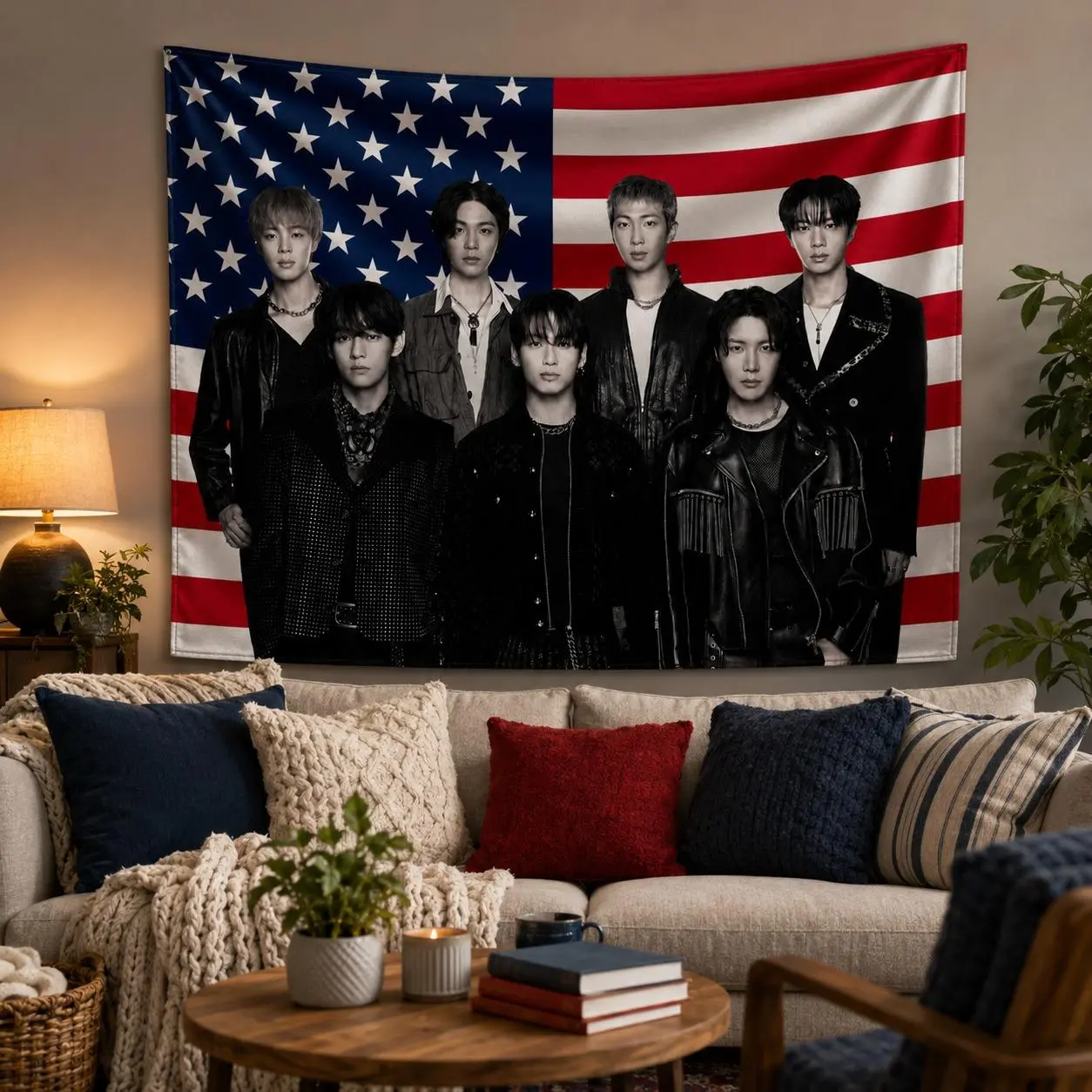 Kpop Boy Band Wall Tapestry, Bangtan Inspired Room Decor, Korean Pop Music Wall Hanging, Seven Members Fan Art Tapestry, Army Inspired Bedroom Decor, Concert Aesthetic Wall Blanket, Dorm Room Decorationc