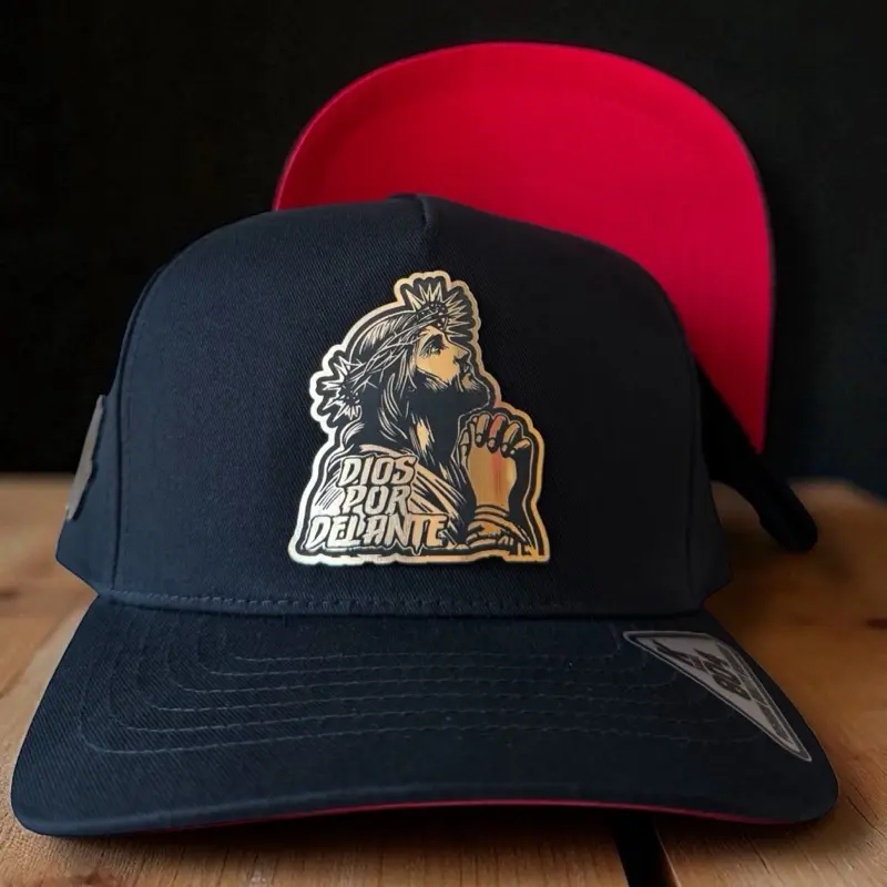 Hat Dios por Delante Gold Plate Logo SnapBack Cap Black with Red Interior and Unique Design