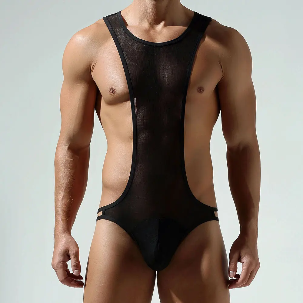 TAUWELL Men’s Sheer Mesh 1-Piece Bodysuit, High-Cut Open-Side Singlet Underwear with Contour Pouch, Lightweight Stretch Clubwear for Party Dance -24702