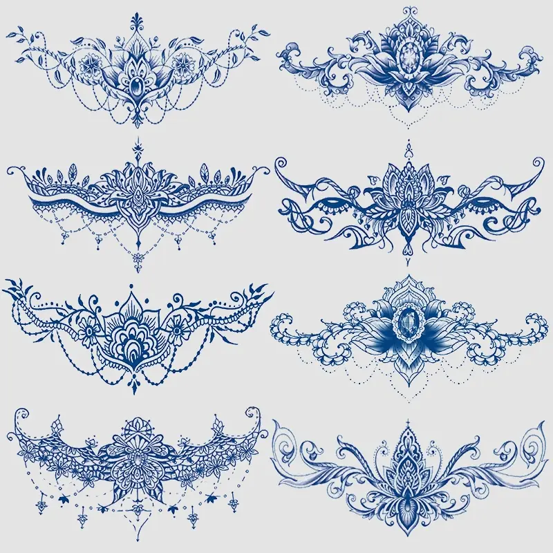 8 Piece Temporary Tattoo Stickers, Large Floral & Diamond Lace Designs, Realistic Sexy Neck Abdomen Fake Tattoos, Suitable for Women