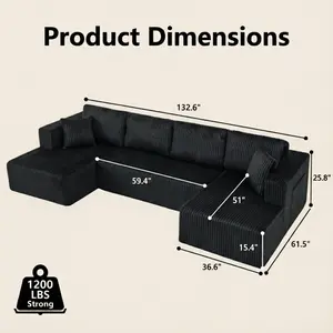 (2 Packages) Elseady 132" Modular U-Shaped Sectional Sofa , Plush Corduroy Cloud Couch with Double Chaise , No Assembly, High-Resilient Memory Foam & Pocket Springs , 1200 lbs Heavy-Duty Living Room Set
