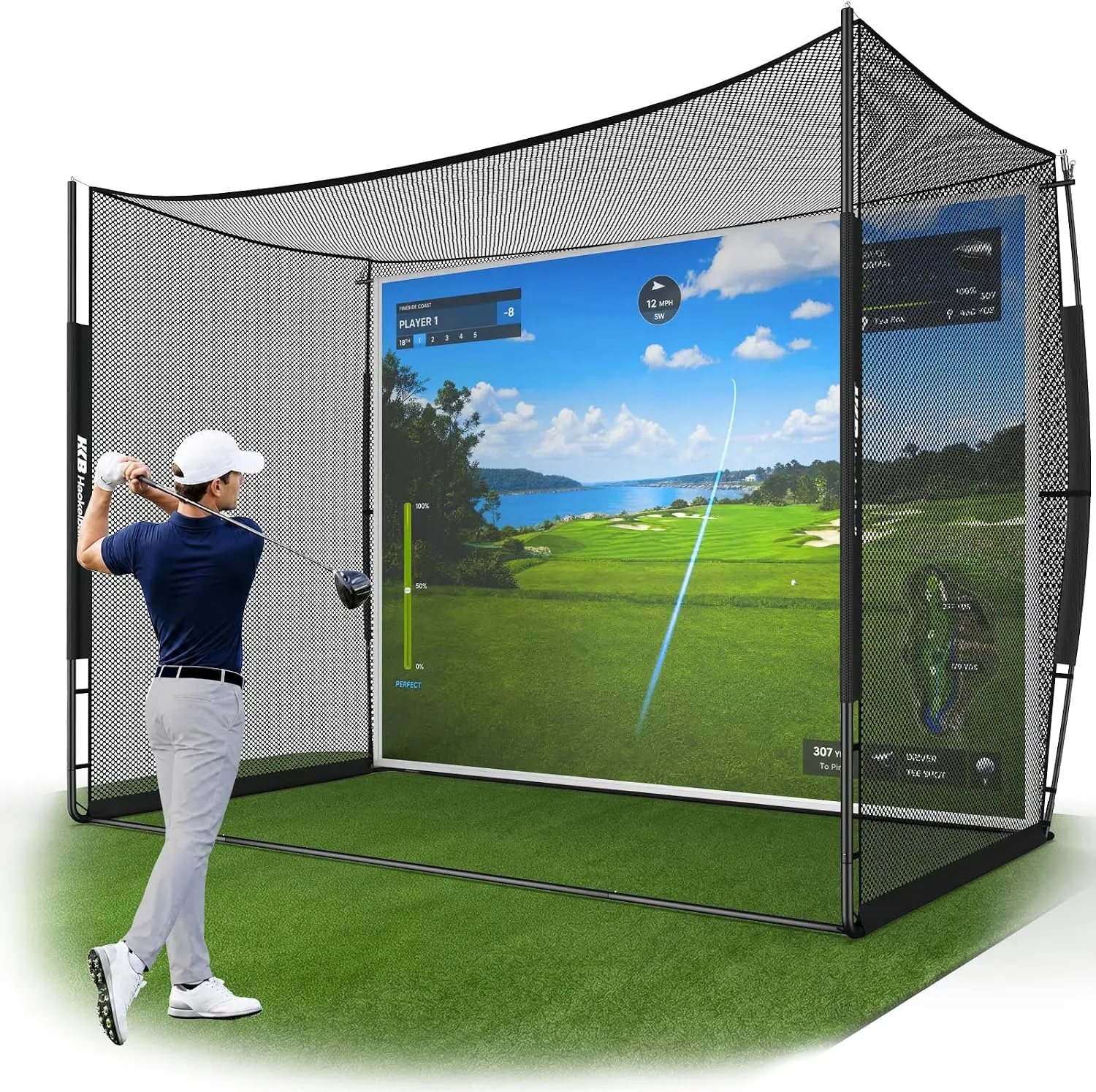 Golf Practice Net 10x8FT Driving Hitting Net & Simulator Cage| Backyard Outdoor, Indoor Golf Simulator, Real Ball Practice, Impact Screen, Ball Return, Side Barriers, Projection Ready