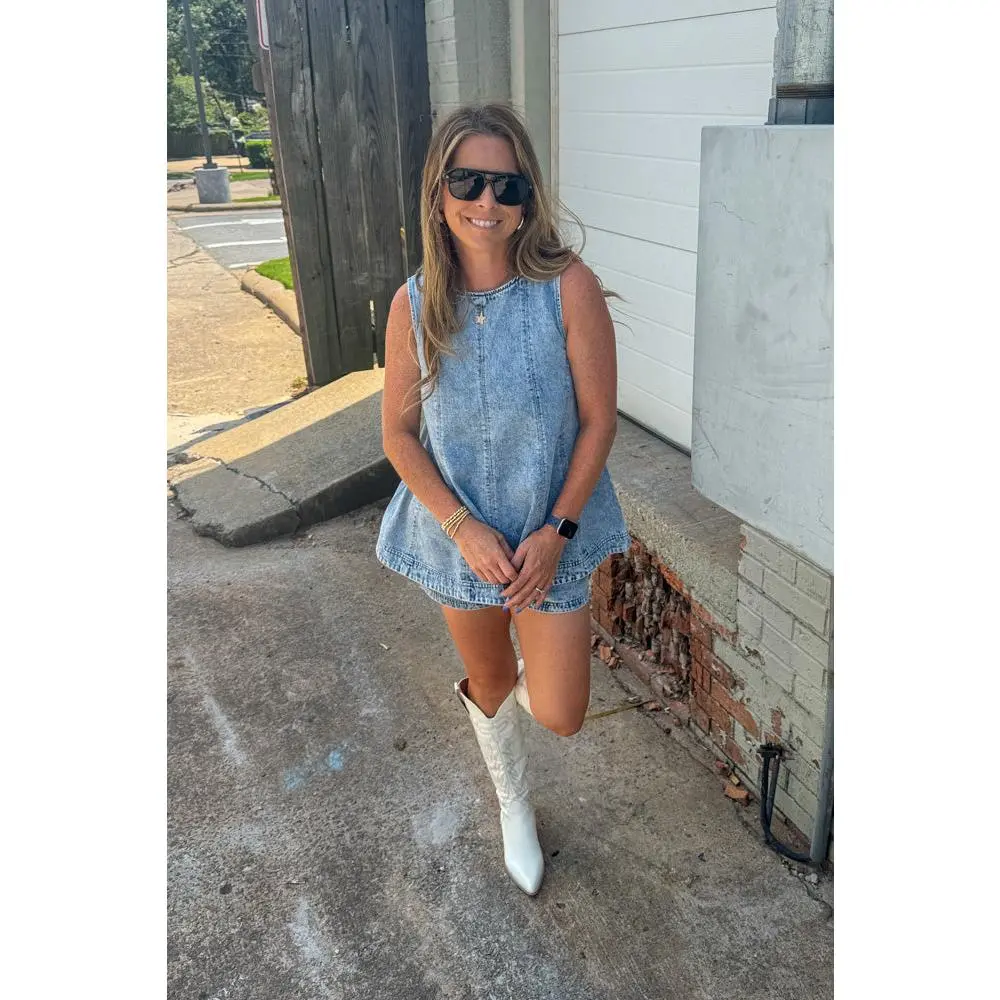 Denim Trapeze Sleevless Shorts Set-Light Denim