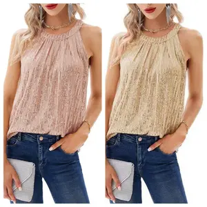 summer autumn clothes 2025 new Women's Summer Sequin Suspender Vest Shirts  Sexy Tank Tops Female Hollow Out Halt Neck Women's Clothing Light Womenswear Check Basic Fitted Minimalist Gamis Rose Sleeveless Fashion Halter