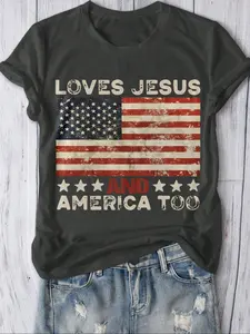 Women's Jesus Loves USA Flag Graphic Tee, Casual Knit Fabric Round Neck T-Shirt For Summer Vacation, Loose-Fitting Everyday Wear