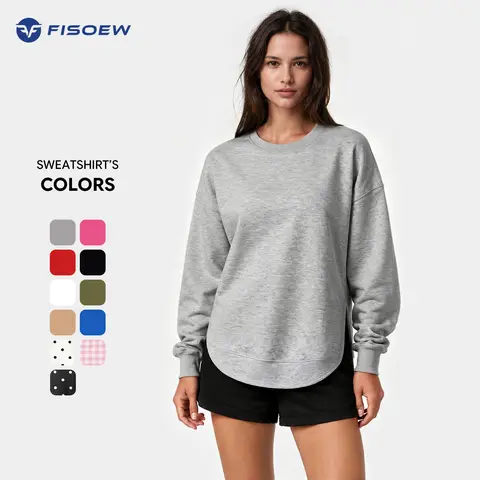 Fisoew Women's Soft Comfortable Aesthetic Sweatshirt Long Sleeve Round Neck Pullover High Low Curved Hem with Side Slits Oversized Basic Minimalist Tunic Top for Leggings Casual Layering Outfits Sporty Chic Athleisure SohoChic