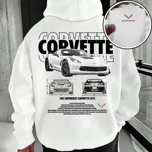 Chevrolet Corvette C7 Hoodie T-shirt Sweaters, Sports Car Blueprint Graphic Sweatshirt, American Muscle Car Streetwear Pullover for Car Enthusiasts Vintage Graphic Tee Menswear Womenswear