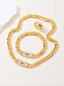 18K Plated Stainless Steel Cuban Link Patchwork Design Jewelry Set, Including Necklace Bracelet Ring, Stunning Lightweight Luxury Jewelry Set for Women, Fashion Accessories for Party, Daily Decor