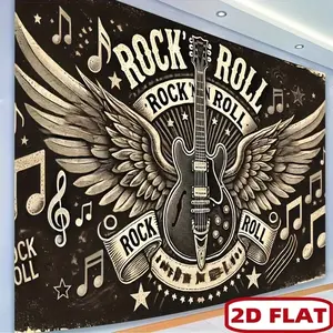 2D Flat Banner, 1pc Rock 'n' Roll Guitar & Wings Design Polyester Photography Backdrop Tapestry - Black & White Music Theme with Stars, Durable Indoor/Outdoor Party Banner for Studio Props, Birthday & Holiday Decorations