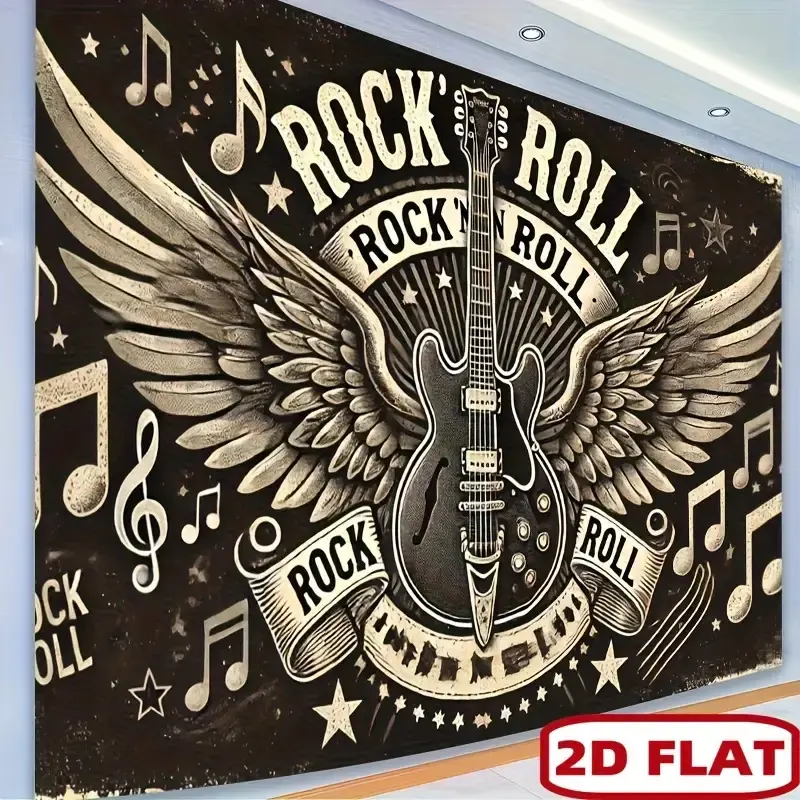 1pc Polyester 2D Flat Banner - Rock 'n' Roll Guitar & Wings Design Black & White Music Theme with Stars, Durable Indoor/Outdoor Backdrop Tapestry for Studio Props, Birthday Decorations