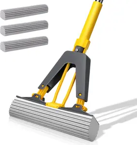 Self Squeeze Sponge Mop, Comes with 3 PVA Absorbent Mop Refills, Roller Sponge Mop with 52'' Stainless Steel Handle for Kitchen Bathroom Office Hardwood Laminate Floor Cleaning