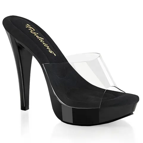 Women's Fashionable Heeled Sandals - Vinyl COCKTAIL-501 Clear-Black, 1in Platform, 5in Padded Black Heels, Open Toed, Slip-On, All Seasons Club-Night Runway Footwear, Shoes for Women, 5" Stiletto Lift, Club-Night Boost