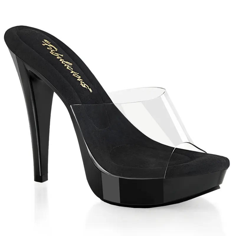 Women's Fashionable Heeled Sandals - Vinyl COCKTAIL-501 Clear-Black, 1in Platform, 5in Padded Black Heels, Open Toed, Slip-On, All Seasons Club-Night Runway Footwear, Shoes for Women, 5" Stiletto Lift, Club-Night Boost