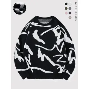 Men’s knitted long-sleeve crew-neck sweater, Y2K graphic, casual regular fit pullover for fall and winter; stylish, breathable knitwear; men’s outfit; stylish top; grey chinos; aesthetic loose fit; fashionable knitwear.