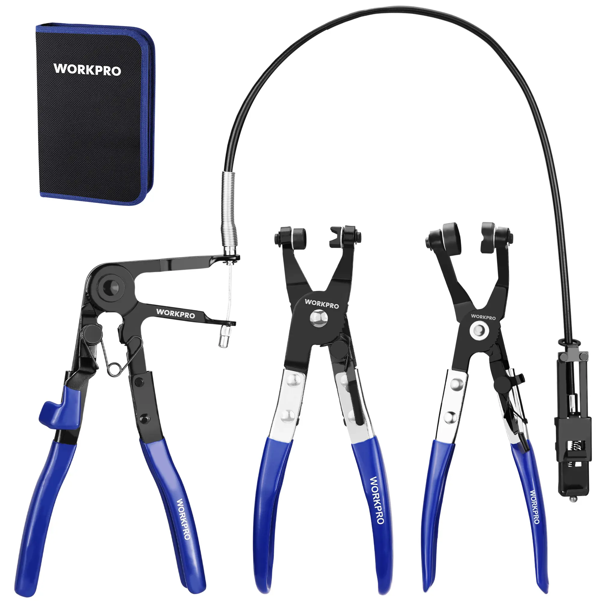 WORKPRO Hose Clamp Pliers Set with Pouch - 27" Long Reach Wire Spring Hose Clamp Plier & Angled Spring Clamp & Flat Band Pliers for Removal, Installation of Ring