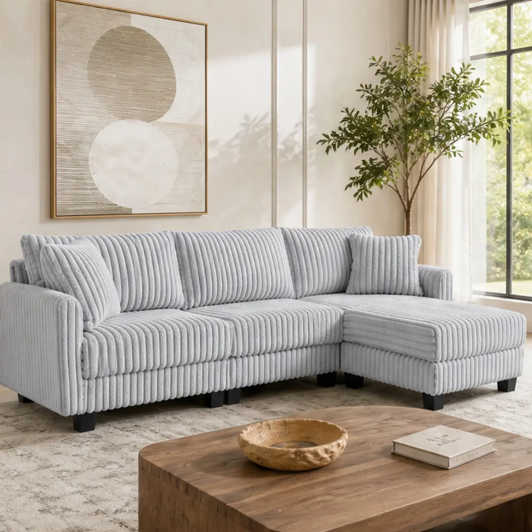 Midcentury Modern Retro Style L-Shaped Sectional Sofa - ARCH 100 Acrylic Corduroy Comfy 3-Seat Convertible Couch with Dual USB & TC Ports, Removable Armrests, 150lb, 27.5"w x 100"d x 33.46"h, Assembly Required for Living Room