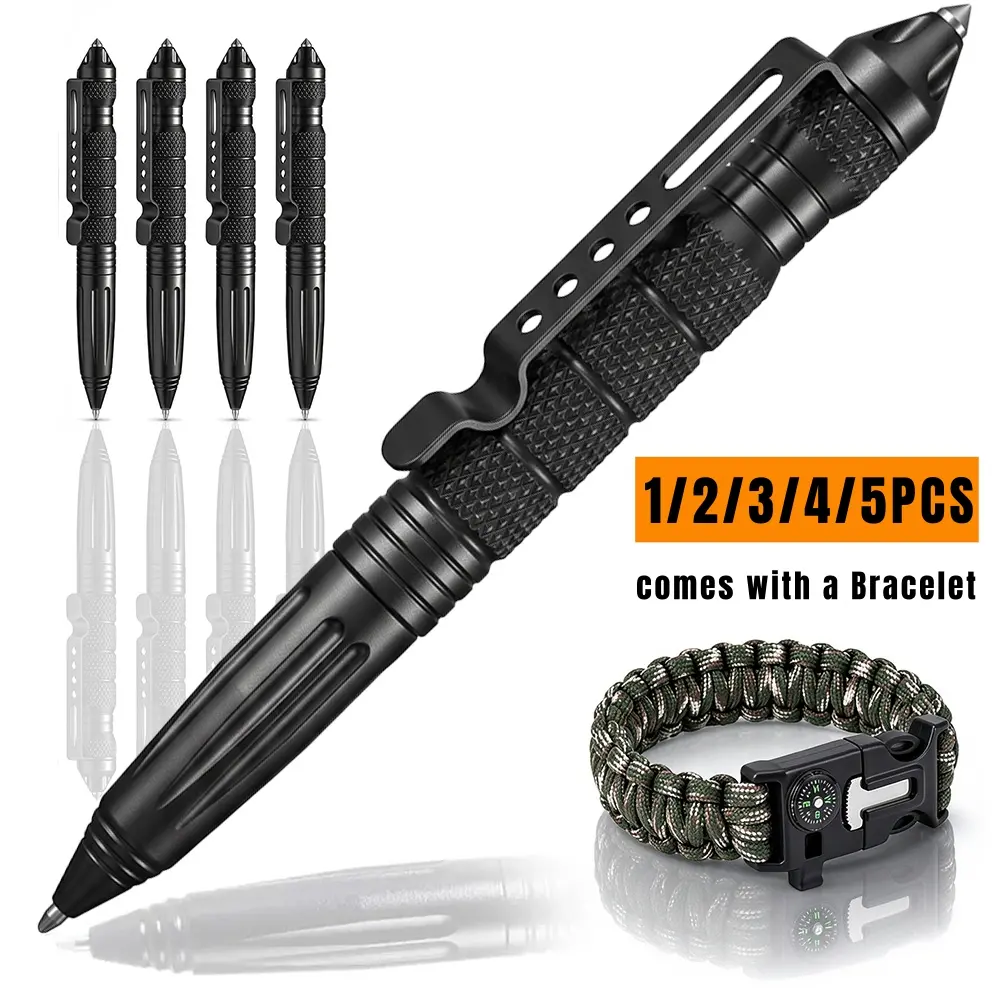 Ultimate Combo EDC 1/2/3/4/5pcs Aluminum Alloy Multi-Tool Pen Black Comes with a Multi Functional Bracelet Metal Retractable Pens With Clip Non-Slip Grip Smooth Writing Office Pens Portable Metal Pocket Pen Office And Outdoor Perfect Gift For Men