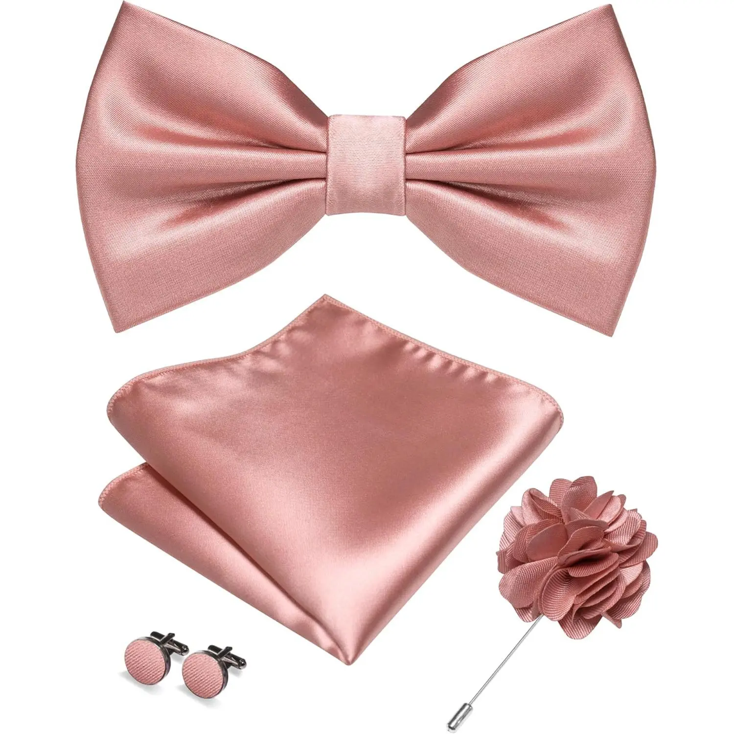 Solid Color Bow Tie and Pocket Square with Lapel Pin Cufflinks Set 4PCS