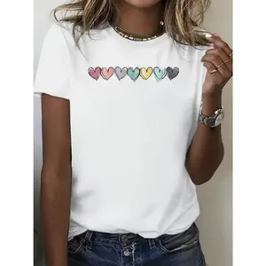 Women'S Casual White T-Shirt with Colorful Heart Print - Short Sleeve, Round Neck, Spring/Summer Top, Casual Wear| Playful Print Top| Comfortable Fit, Ladies T Shirts