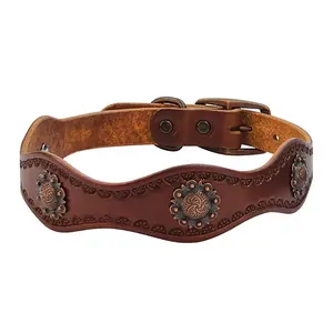Weaver Leather Sundance Dog Collar - Brown Skirting Leather with Antique Copper Berry Conchos - Multiple Sizes
