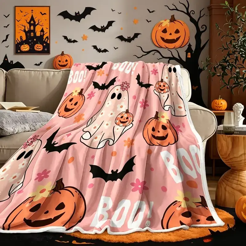 Pink Halloween Flannel Blanket Cute Ghost Pumpkin Bat Print Soft Cozy Lightweight AC Throw Blanket for Kids and Adults Spooky Season Room Decor Sofa Bed Bedroom Living Room Home Decor Movie Night Fall Aesthetic Birthday Gift Christmas Halloween Gift