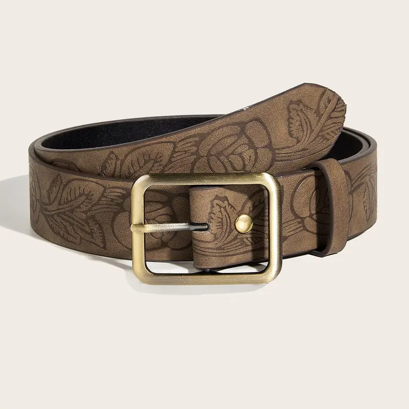 Simple Rectangle Metal Buckle Belt Vintage Printed Brown PU Leather Waistband Unisex Jeans Pants Decoration Belt Trendy Belt Pu Leather Belts Fashion Vintage Belts