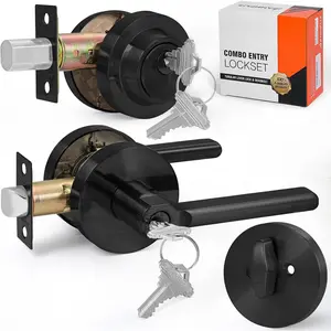 Keyed Alike Combo Set Entry Door Lever Lock Set with Same  & Single Cylinder Deadbolt,Heavy Duty Round Door Handle Lockset,for Front Door, Bedroom & Office (Matte Black)