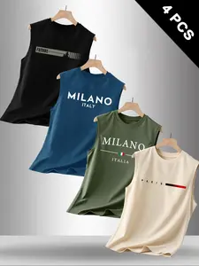 Men's 4 Pack Streetwear Letter Graphic Print Round Neck Sleeveless T-Shirt, Casual Comfortable Top for Summer Outdoor Fitness Wear
