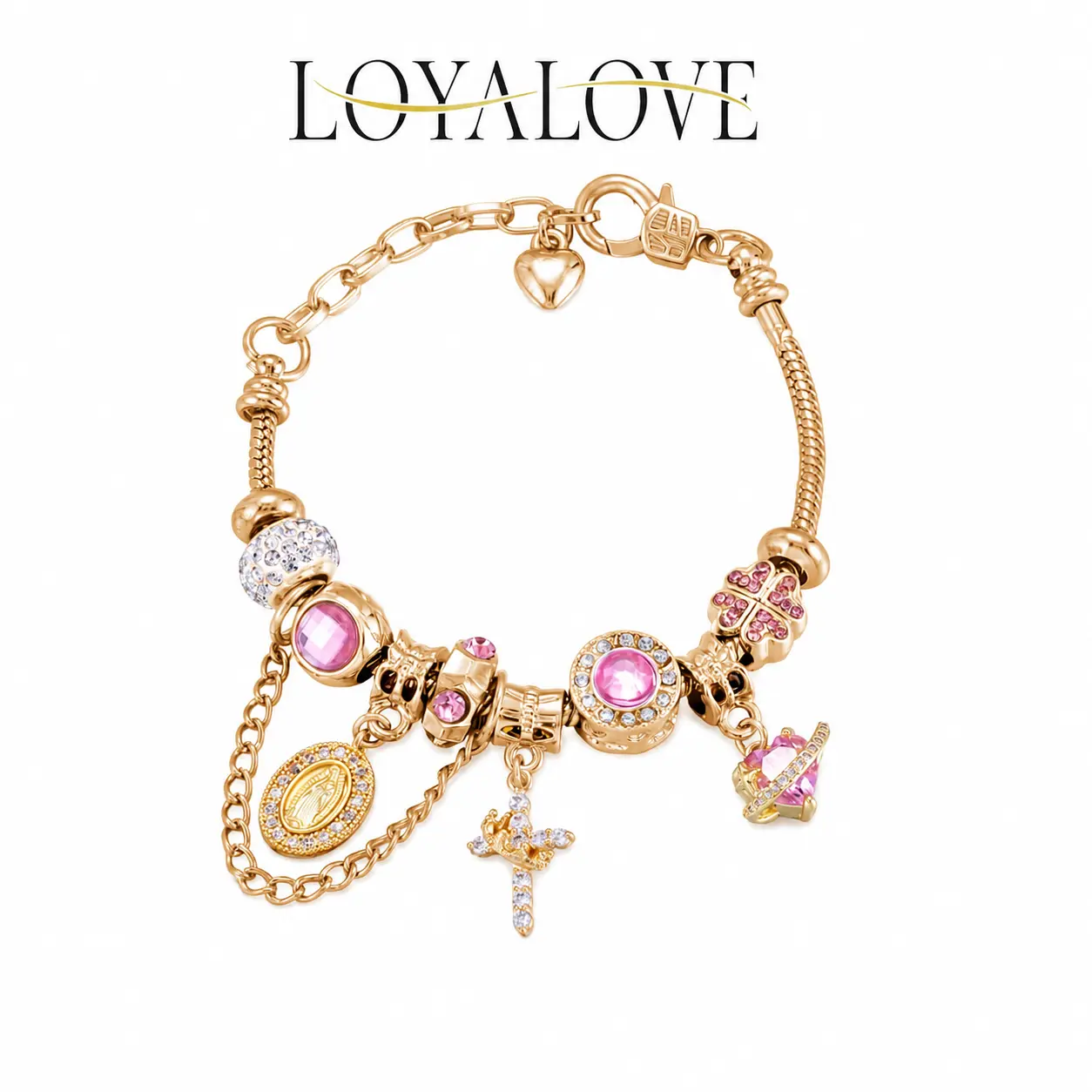 LOYALOVE Women's 14K Gold Plated & Silver Adjustable Charm Bracelet - Pink Crystal Snake Chain with Cross, Virgin Mary, Heart, Planet Charms Set, Religious Jewelry for Daily Wear Accessory Gift