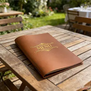Recycled PU Leather Menu Cover, Stamping Logo, Restaurant Menu Book with Elastic Band, Ideal for Cafe & Bar