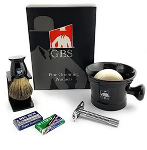 G.B.S Men's Shaving Set, Mug Butterfly Long Safety Razor, Pure Badger Brush, Drip Stand Brush Holder Natural Shave Soap Glossy Metal Handle Chrome Gift