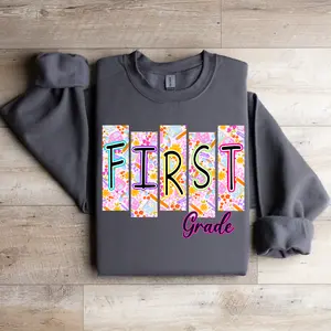 Preppy First Grade Teacher Gildan Sweatshirt, Teacher grade level graphic women sweaters,oversized soft Pullover sweaters for women Fitted Womenswear